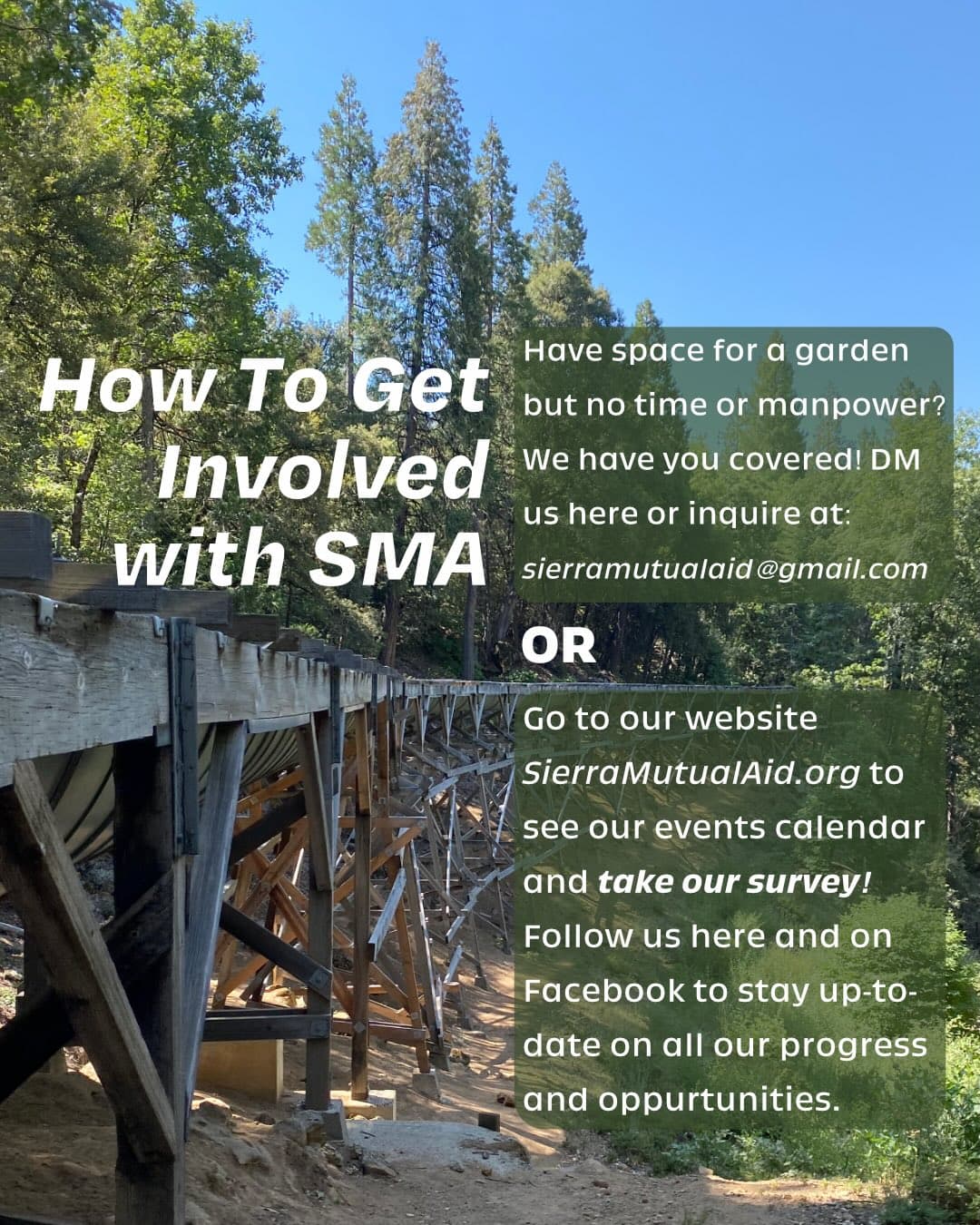 How to get involved with Sierra Mutual Aid slide pointing people to direct message, email, and the website events calendar.